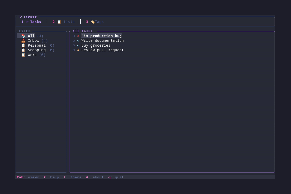 Tickit TUI showing task list